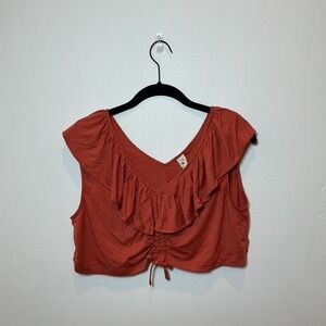 NWT Kate Quinn Red Orange Ruffle‎ V Neck Crop Top Gathered Drawstring Tie Size L